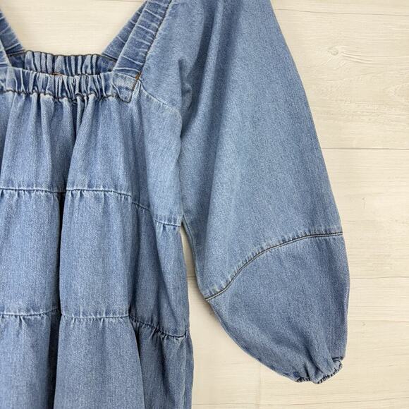 Free People Denim Babydoll Dress Women XS Light Blue Square Neck Balloon Sleeves - Picture 7 of 16